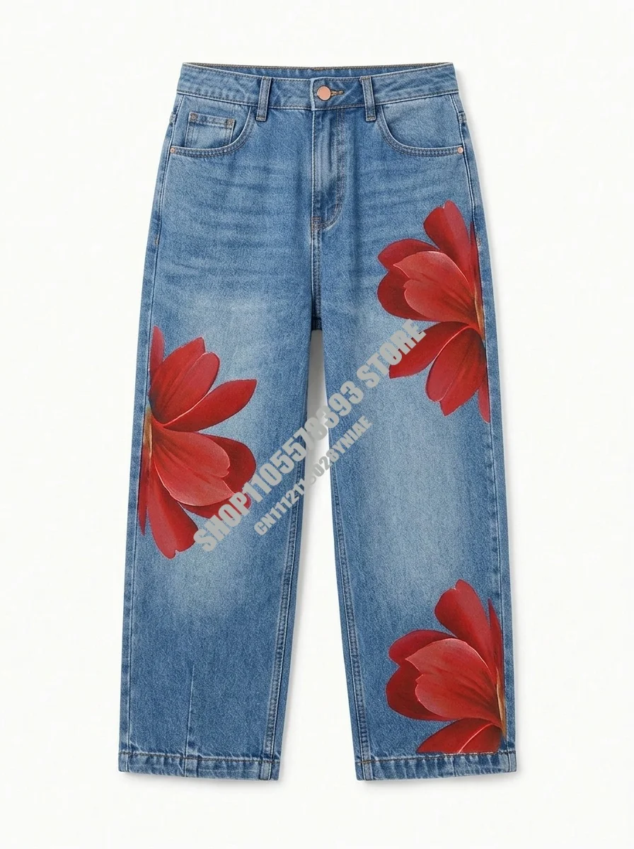 Missuoo Women's Boho Light Blue Washed Red Large Floral Print High Waisted Wide Leg Cropped Jeans Vacation Outfit for Summer