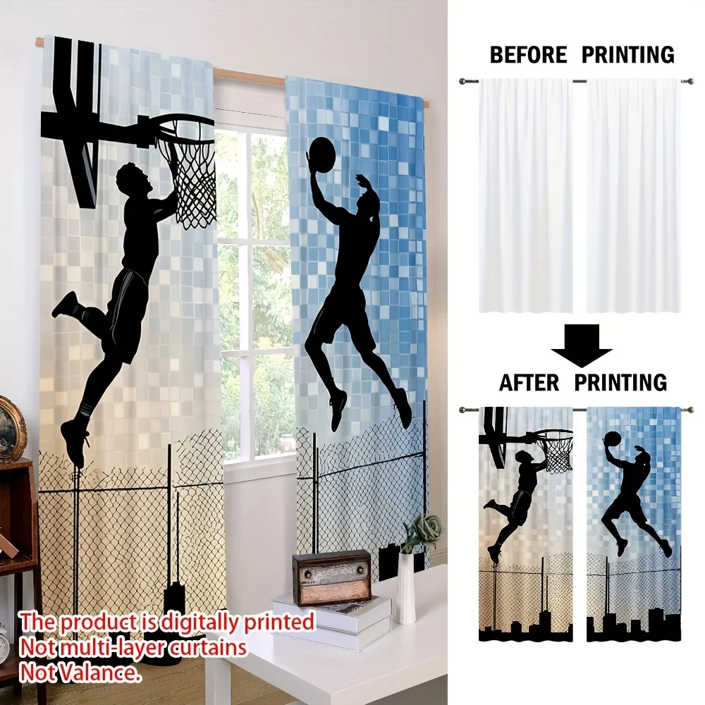 Basketball Player Silhouette Curtain, Sports Theme Print Drape, Urban Court Window Treatment for Boys Room Gym Decor
