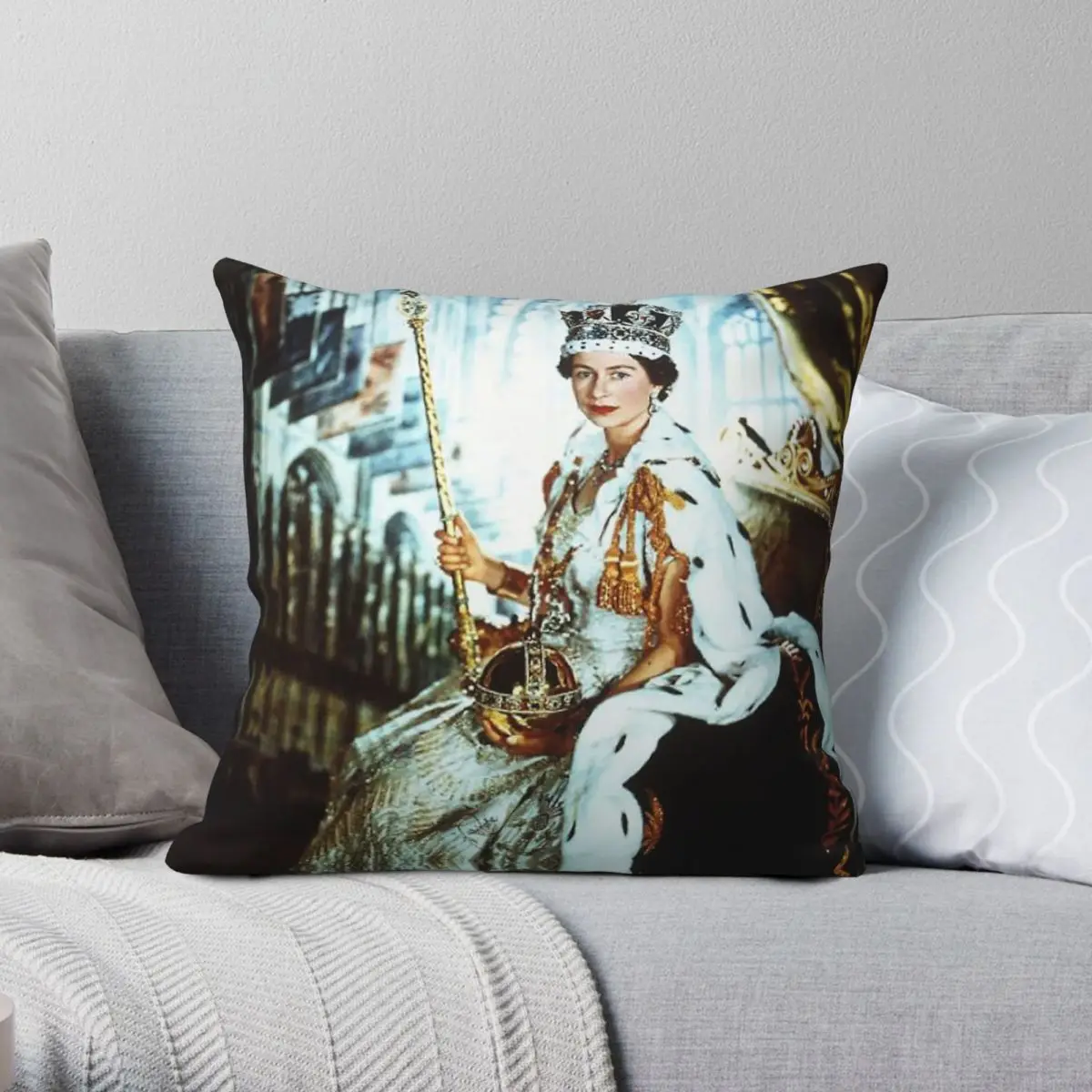 Queen Elizabeth Throne With Crown Pillowcase Polyester Linen Velvet Printed Zip Decor Pillow Case Room Cushion Cover 45x45