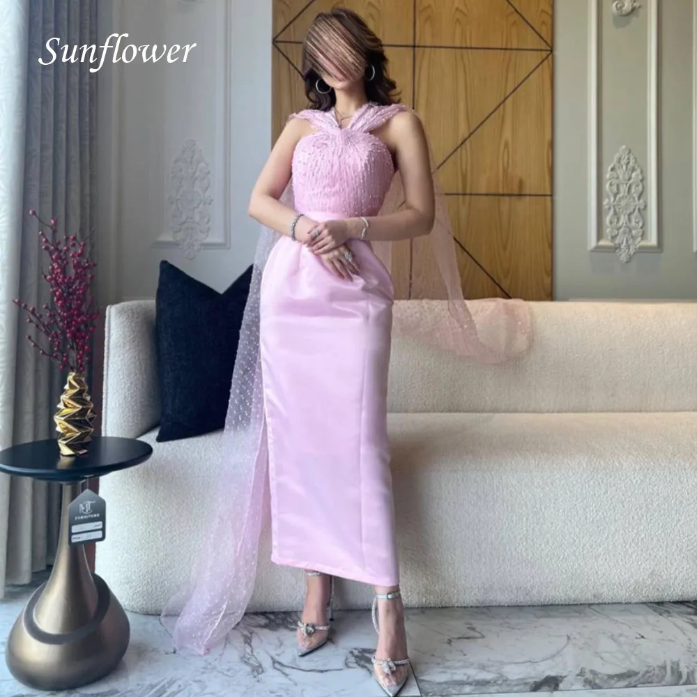 

Sunflower Pink Halter Prom Gowns Tulle Appliques Mermaid Evening Dress Slim Ankle-Length Party Dress 2023 High-end Custom