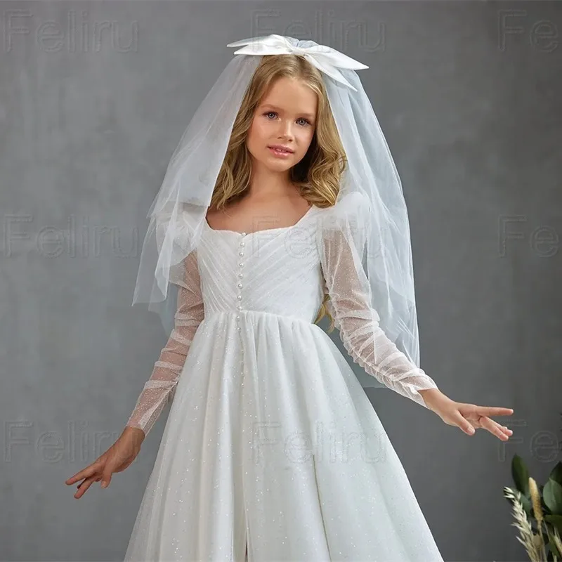 

Chiffon Long Sleeve Flower Girl Dresses Princess Jewel Neck Girls Birthday Party Christmas First Communion Gowns