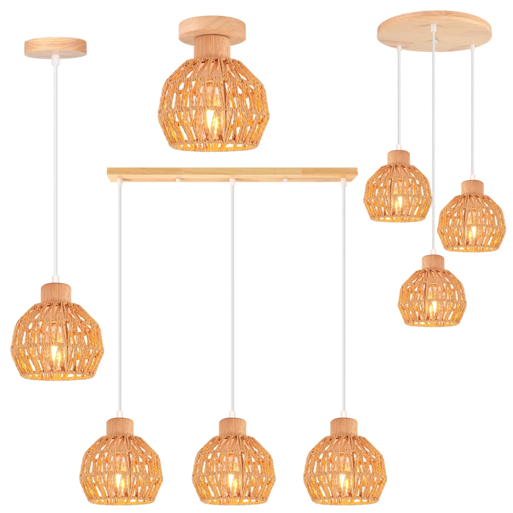 

1/3 Heads Boho Ceiling Chandelier Hemp Rope Rattan Pendant Light Vintage Industrial Wood Hanging Lamp Lighting Fixture Home Deco