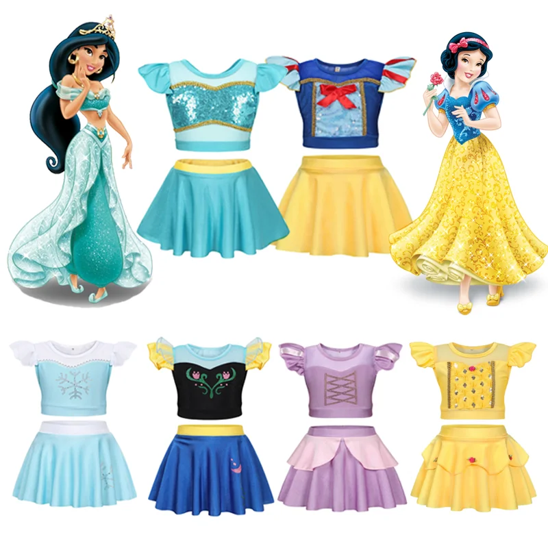 Disney Princess Snow White Rapunzel Swimsuit Set Girl Summer 2pcs Beachwear Kids Anna Elsa Swimwear Jasmine Mickey Bathing Suit