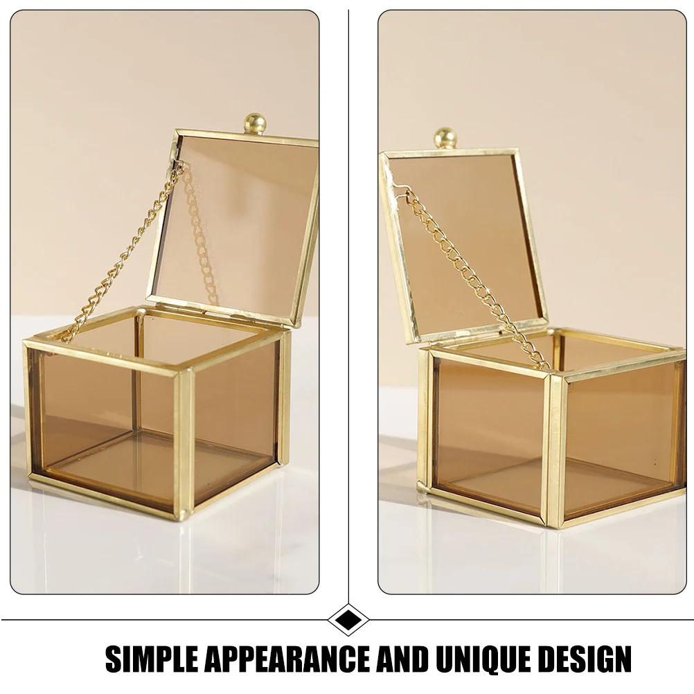 صندوق مجوهرات زجاجي مربع تصميم نحاسي عتيق للأقراط والخواتم والقلائد وتخزين منظم تذكار مكتب منزلي #3