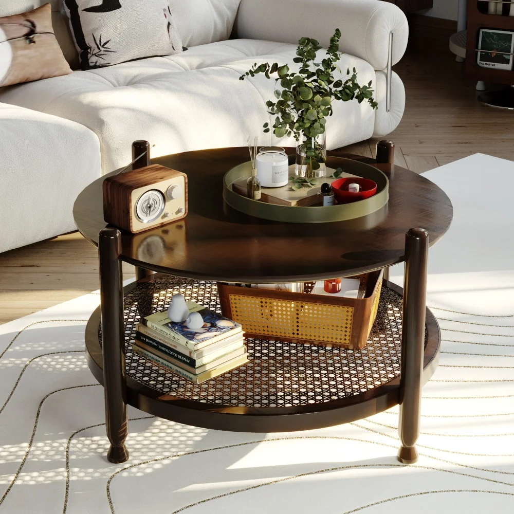 

NSdirect 32" Round Coffee Table:2-Tier Solid Wood, Boho Rattan, Black Brown, Easy Assembly