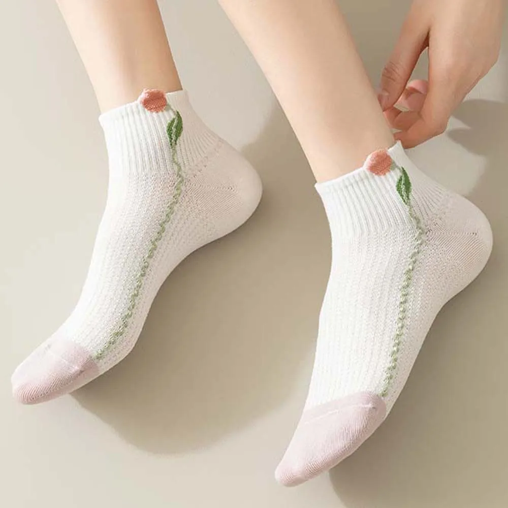 Cute Cotton Women Flower Short Socks Purple White Female Hosiery Flower Ankle Socks Anti Slip Thin Flower Boat Socks Girl/Women