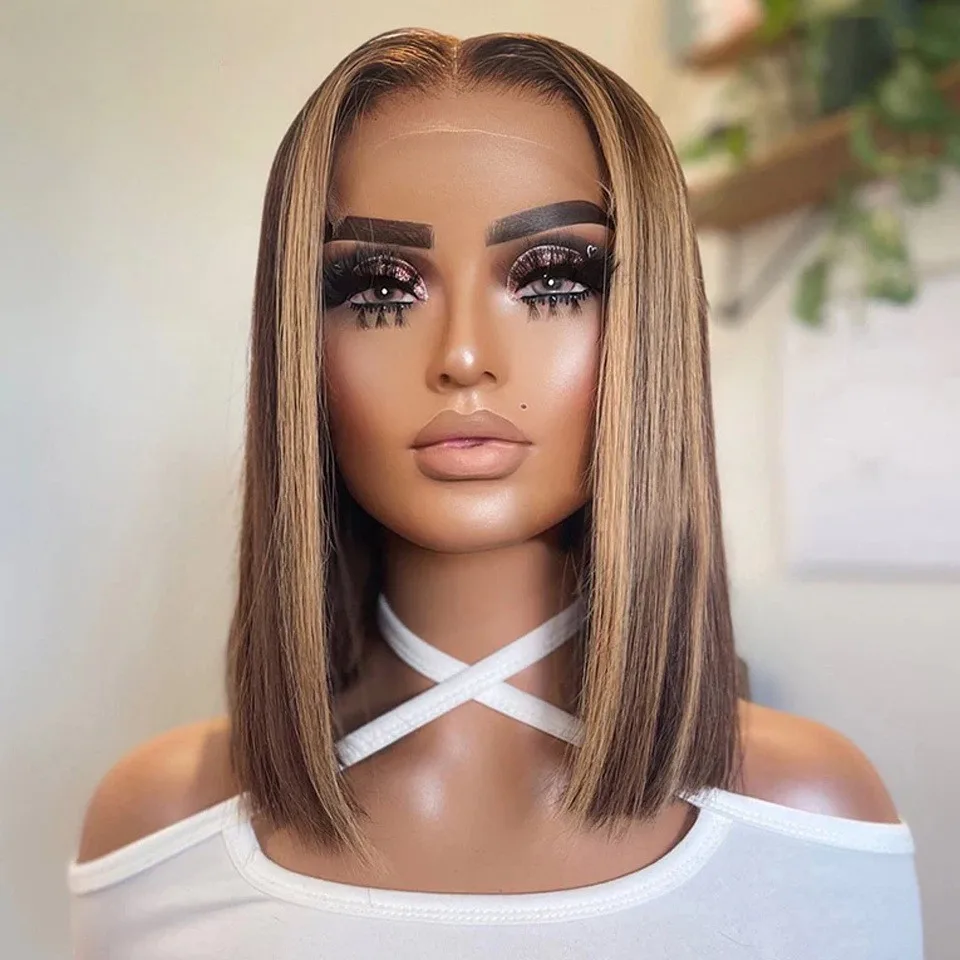 شعر مستعار أومبير بوب شعر بشري 4/27 أشقر عسلي إلى بني متدرج - كثافة 200% 13x4 HD شعر مستقيم بدانتيل أمامي مقطوع مسبقًا