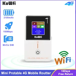 Kuwfi-ミニポータブルワイヤレスルーター、4g lte、150mbps、2100mah、ホットスポットモデム、SIMカードスロット、wpsファイアウォールをサポート