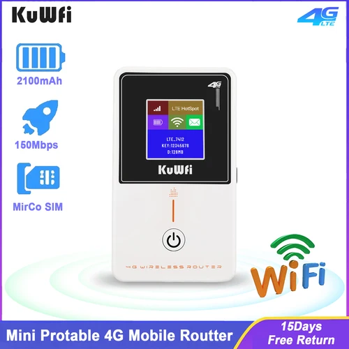 KuWfi 4G LTE 라우터, 150Mbps 미니 휴대용 무선 4G 와이파이 라우터, 2100mAh 핫스팟 모뎀, SIM 카드 슬롯 지지대 WPS 방화벽 