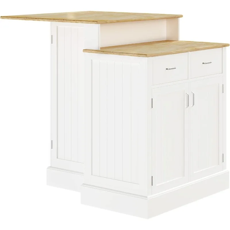 Kitchen Island with Storage Cabinet and 2-Level Rubber Wood Tabletop, Island Table with Adjustable Shelves and Drawers, White