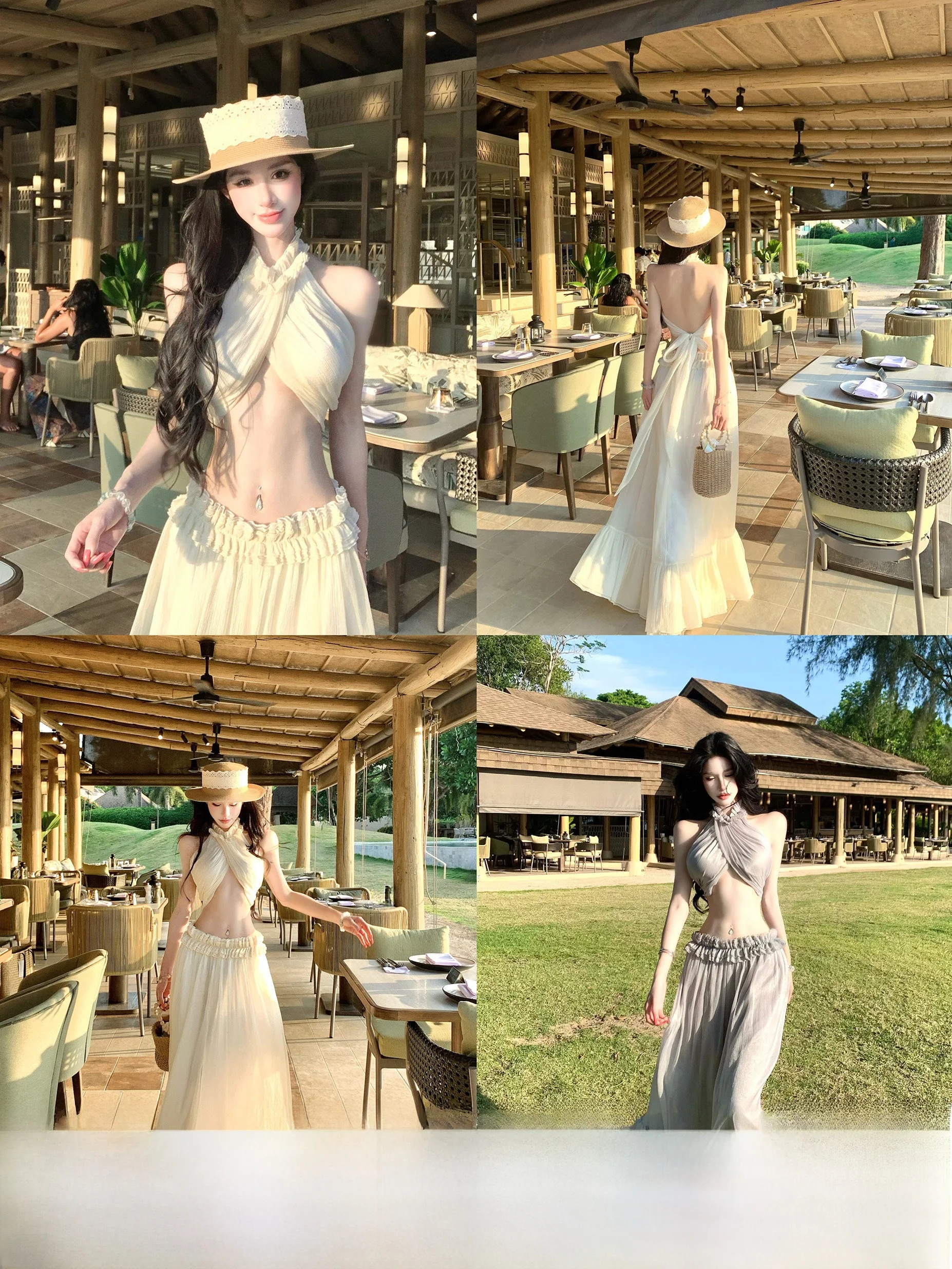 

Summer New Sexy Halter Neck Dusty Denim Women's Holiday Outfit Set Midi Skirt Sheer Chiffon Sleeveless High Waist Fashion Set