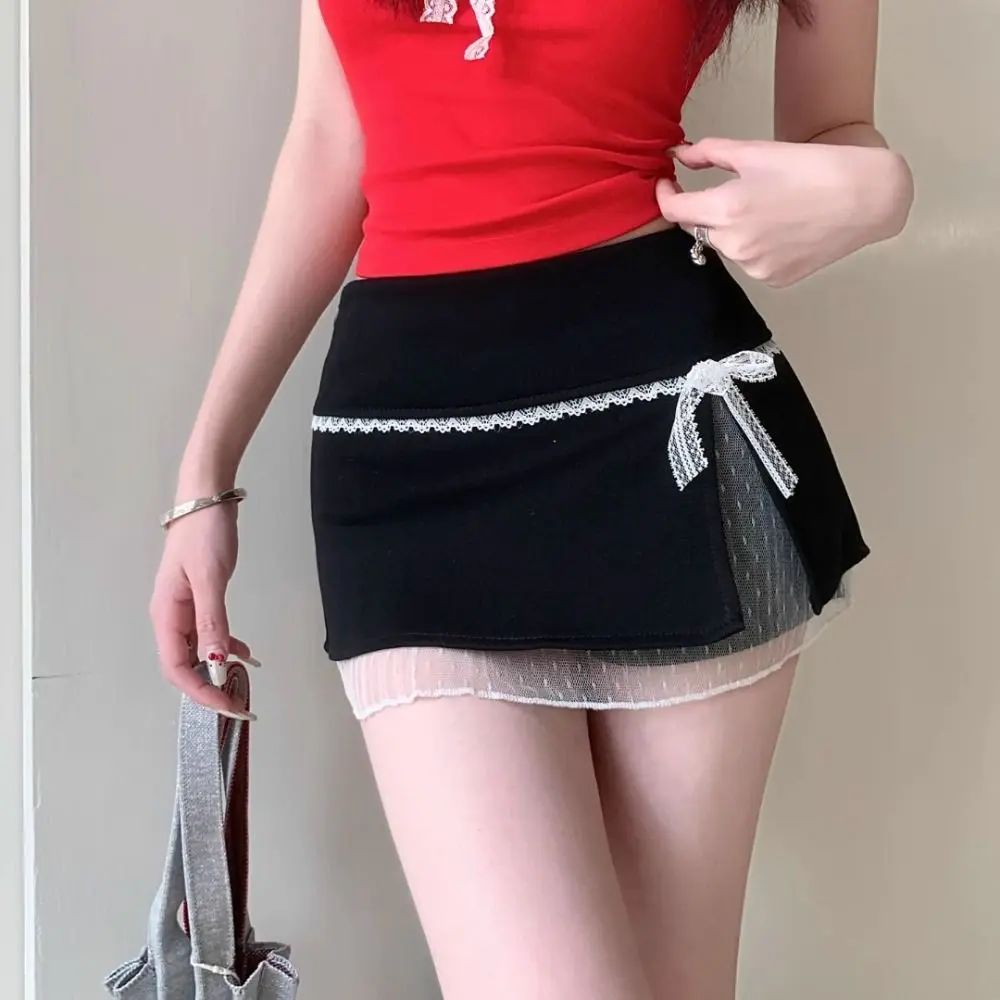 새로운 스위트 보우 레이스 여성 스커트 A라인 Y2K 레이스 미니 스커트 울트라 숏 하이 웨이스트 허깅 스커트 러플 스커트 여름용