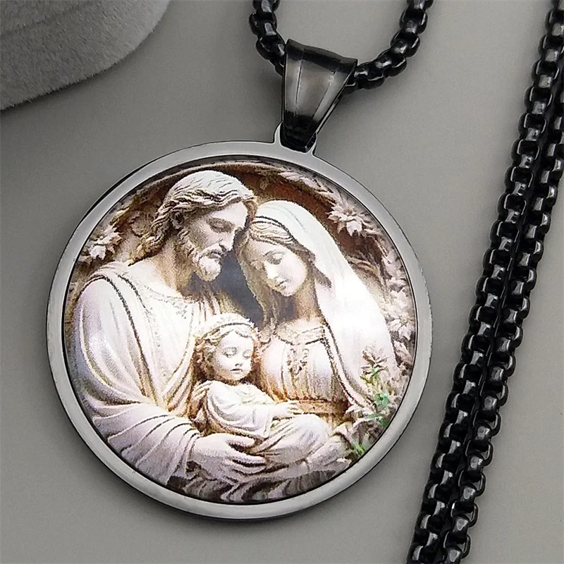 مريم العذراء سانت جوزيف بيبي يسوع الزجاج قلادة مستديرة قلادة للنساء الرجال الفولاذ المقاوم للصدأ الذهب اللون مجوهرات تميمة المسيحية #5