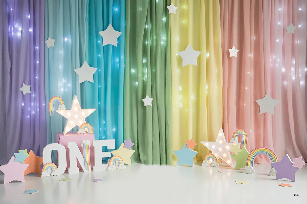 Toile de fond de photographie arc-en-ciel pour enfants, ballons colorés, petites étoiles scintillantes, décor de fête d'anniversaire Smash Cake