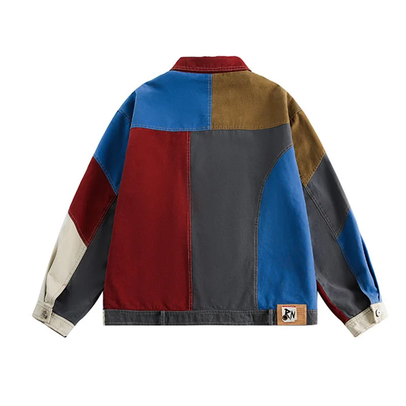 Hip Hop Vintage Casual Denim Jackets Color Block Patchwork Casual Outwear Coats For Male Oversized