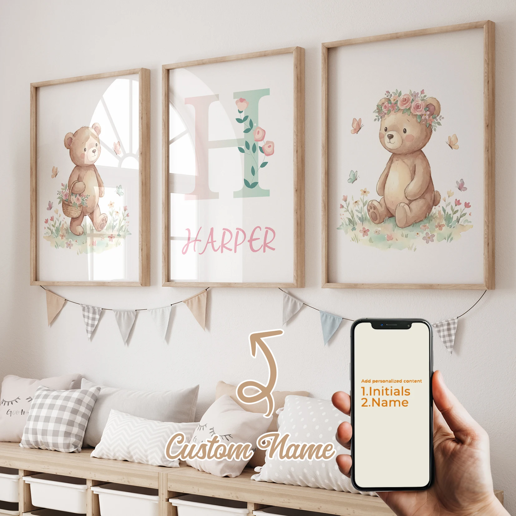 

Modern Personalized Name Custom Teddy Bear Butterfly Flower Wall Art Print Canvas Painting Poster Picture For KidRoom Home Decor