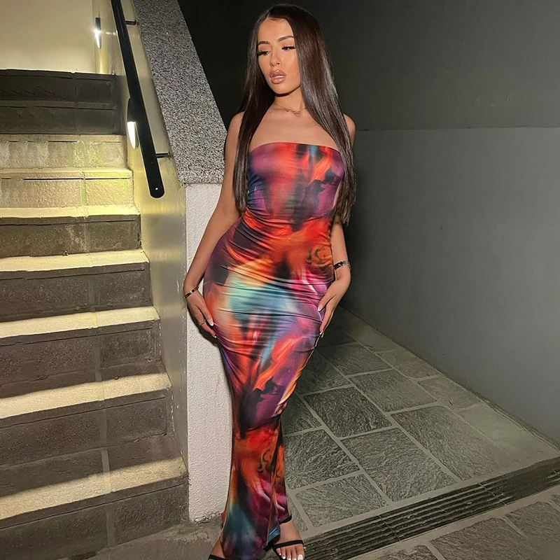 فستان نسائي مكشوف الكتفين من Cuteova ، فستان صيفي طويل مكشوف الكتفين ، طباعة صبغة ربطة عنق ، بدون أكمام ، عاري الظهر ، فستان حفلات طويل ، شاطئ ، صيف ،