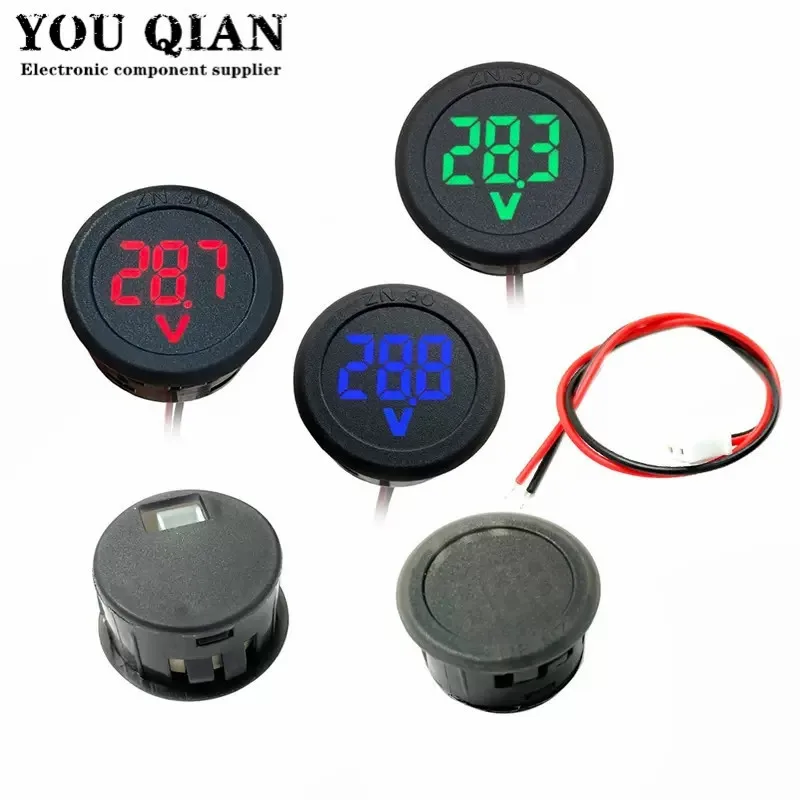 DC 4-100V LED Digital Display Round Two-wire Voltmeter DC Digital Car Voltage Current Meter Volt Detector Tester Monitor Pane