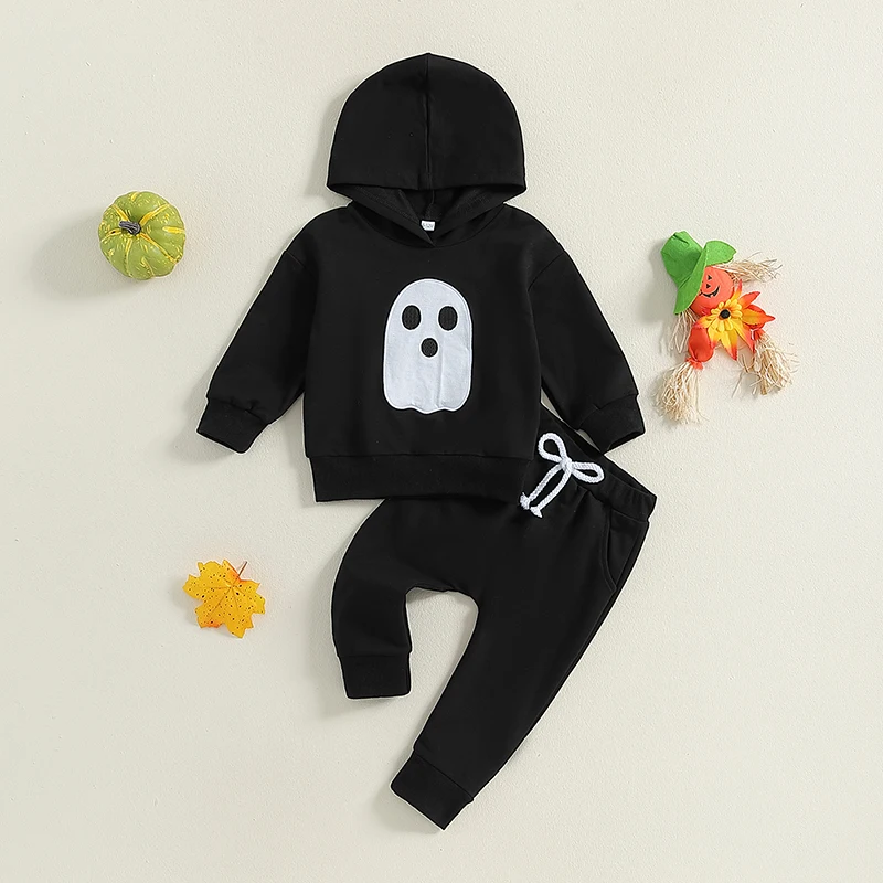 

Toddler Boys Halloween Sets Long Sleeve Ghost Embroidery Hoodie Solid Color Pants Sets