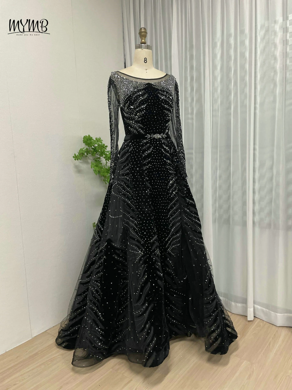 MYMB Black Scoop Neck A-Line Women Formal Party Elegant Gown Long Sleeves Beaded Illusion Back Evening Dress vestidos de novia