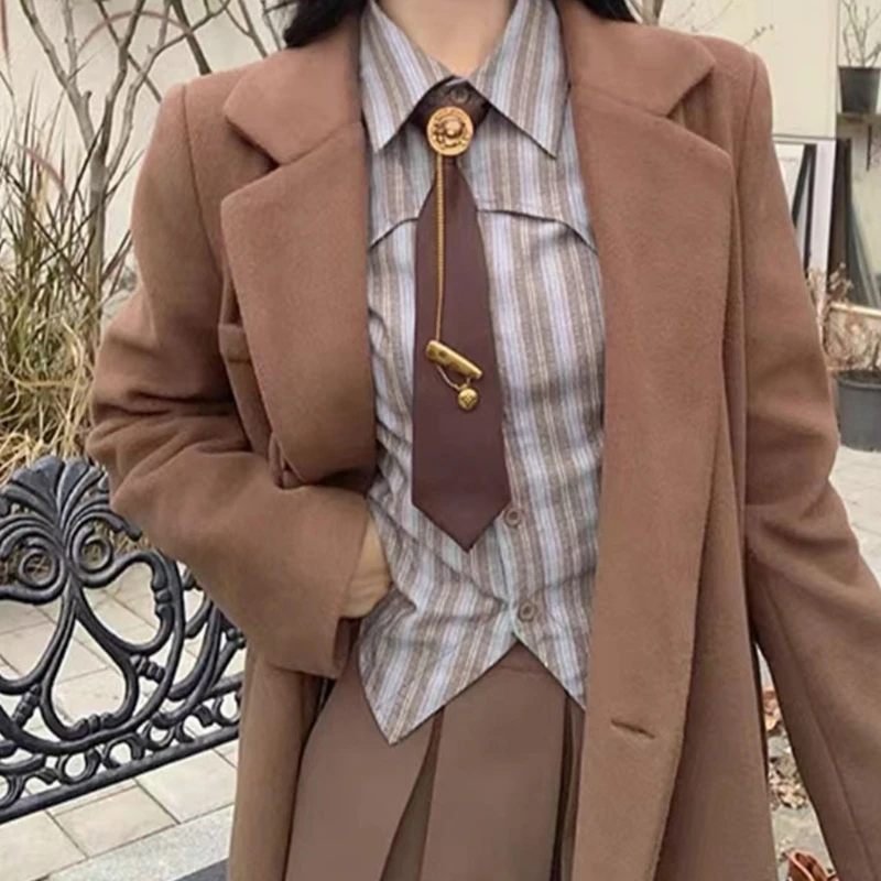 Antique Metal Little Bear Badge Pin Decors Adjustable Pre Tied Tie for Women Teen Girl Cosplay Party Accessories Uniform Necktie