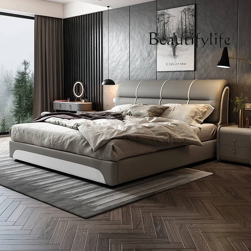 X36 Leather Bed Modern Simple 2m X 2m Master Bedroom Queen Bed By 2.2 Solid Wood Storage Double 2.3m Wide