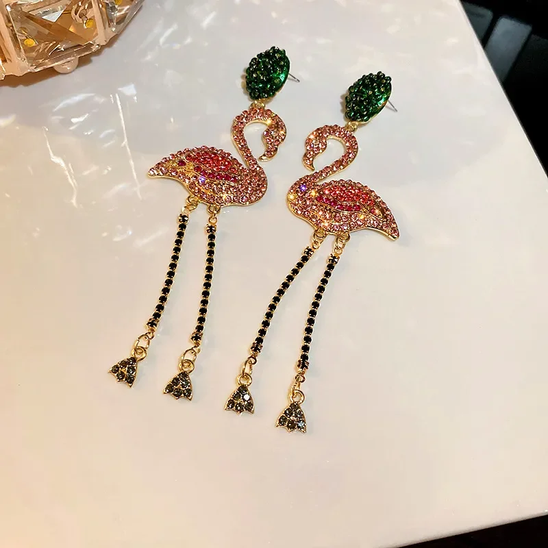 Pink Birds Crystal Earrings for Women Bijoux Long Tassel Rhinestone Dangle Earrings Statement Jewelry