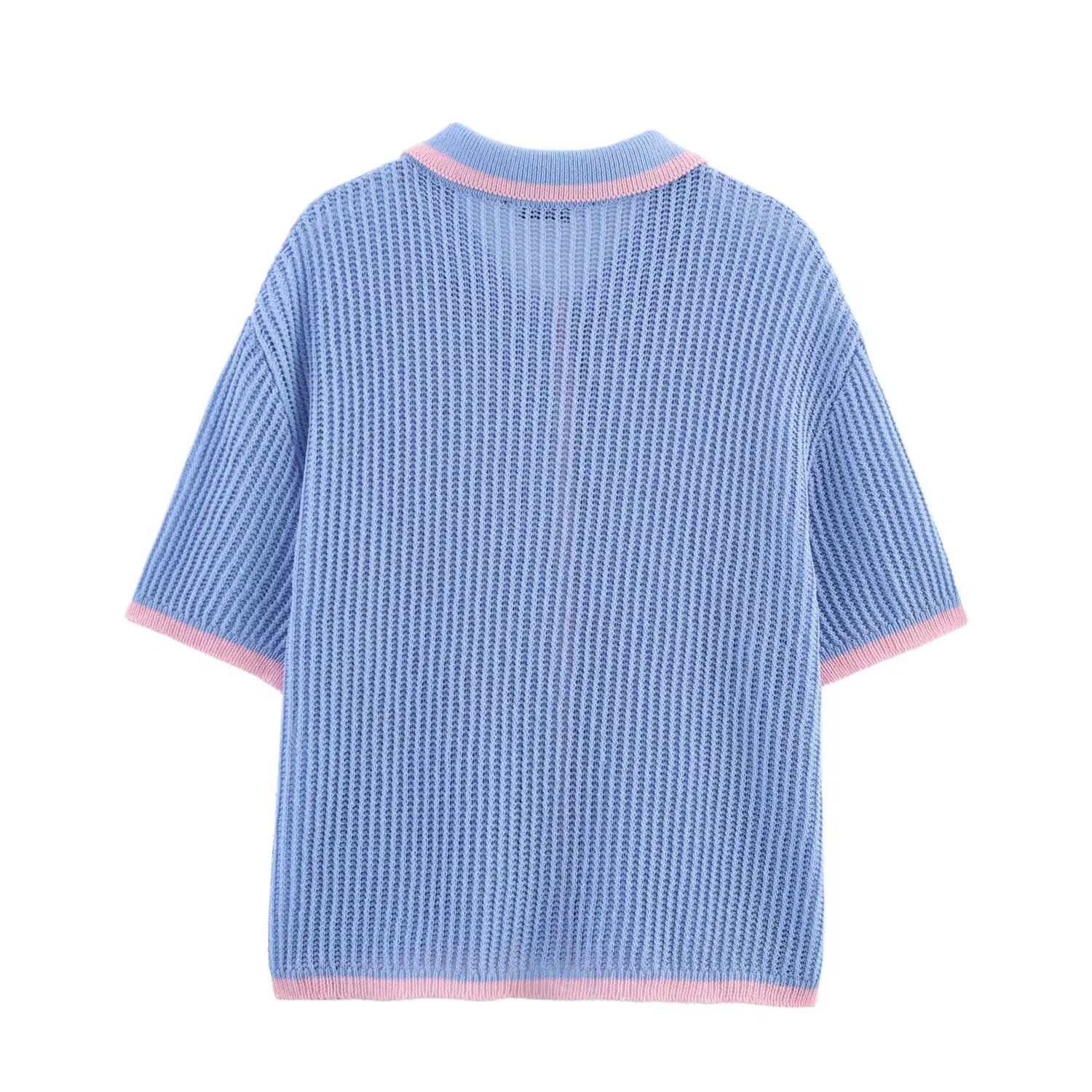 Dave&Di Nordic Minimalist Blue Knitted T-shirt Polo Shirt Vintage Contrasting Color Summer Short Sleeved T-shirt Women Tops
