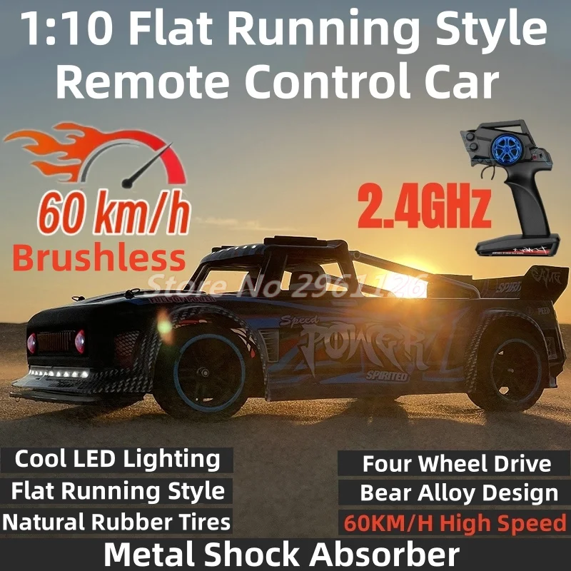 1:10 Flat Running Style Remote Control Car 60KM/H 4WD Ball Bear Alloy Gear Natural Rubber Tires Cool LED Light Brushless RC Car