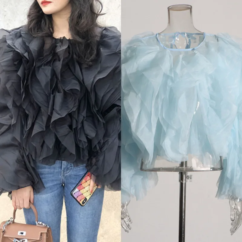 

Elegant Women Chiffon Ruffle Blouse O Neck Lantern Long Sleeve Loose Top Fashion Patchwork Style Casual Female Shirt Daily Wear