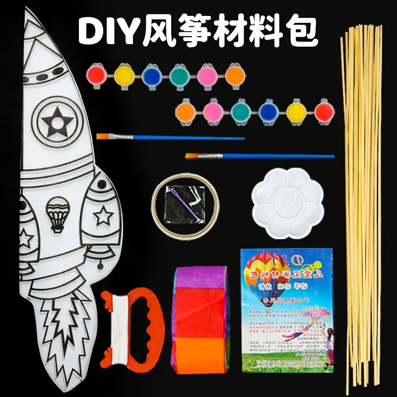 

DIY Paint Paper Kite Set Parent-child School Painting Course Fly Tail Kites Gingham Fun Game Toys with Paint Tray Brush String