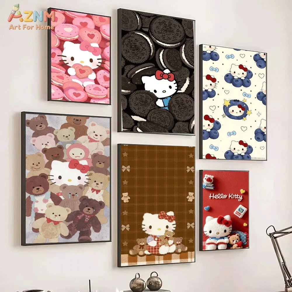 AZNM Hello Kitty Canvas Wall Art Cute Macaron Cookie Chocolate Bear Cartoon Poster Print Kawaii Girls Bedroom Decor Unframed Ca