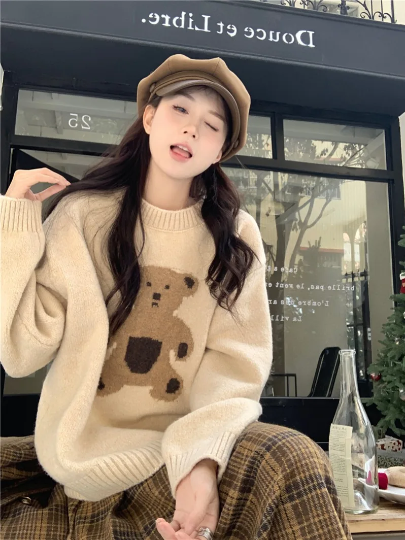 

Retro Cartoon Bear Women's Oversized Knitwear Long Sve round Ne Pullover Sweater Autumn Winter Inner Wear Base Layer Loo...