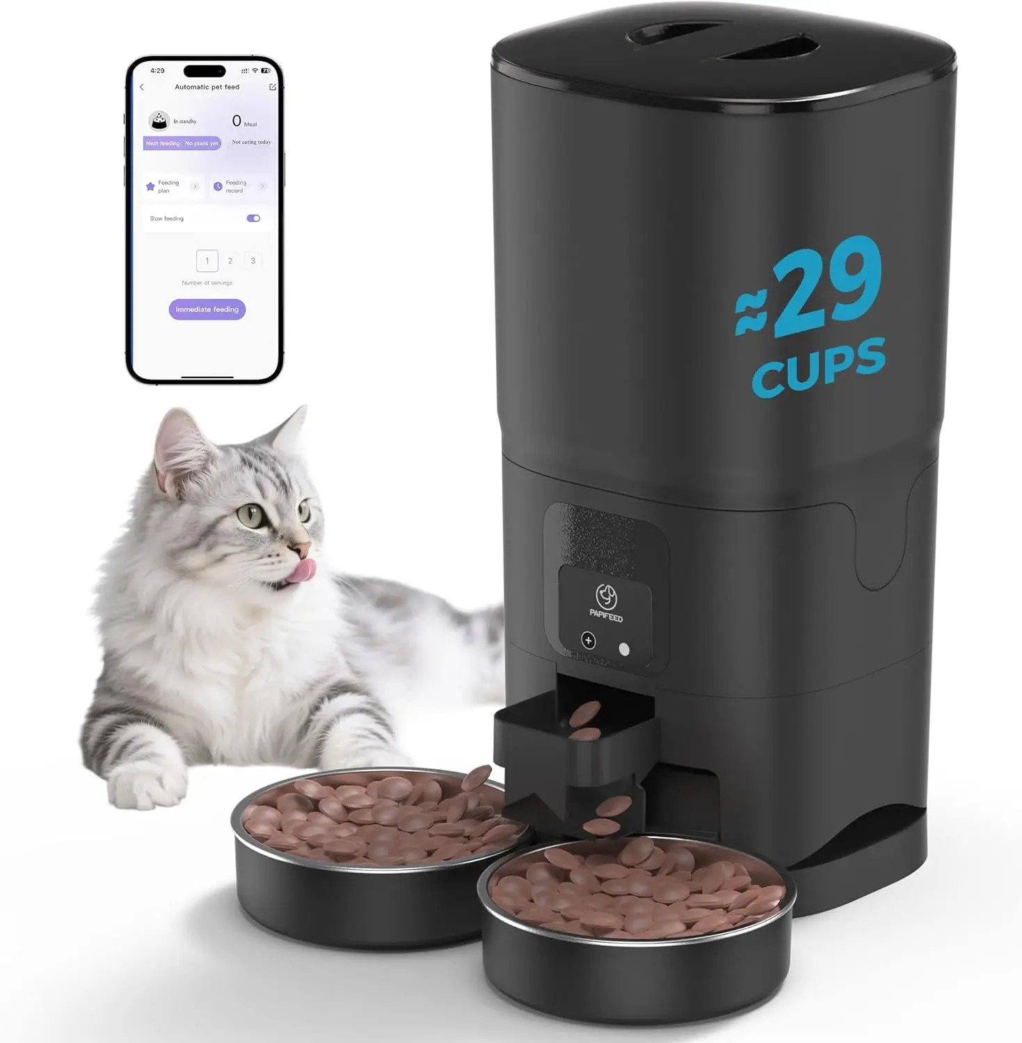 

WiFi Automatic Pet Feeder for 2 Pets, 7L Capacity with App Control, Slow Feed Mode & Dual Bowls - Black