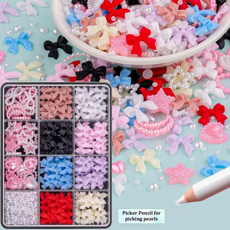 12Grids/box Mixed Resin Bowknot Nail Art Decorations Kawaii Colorful 3D Acrylic Nail Art Charms DIY Manicure Tools Parts