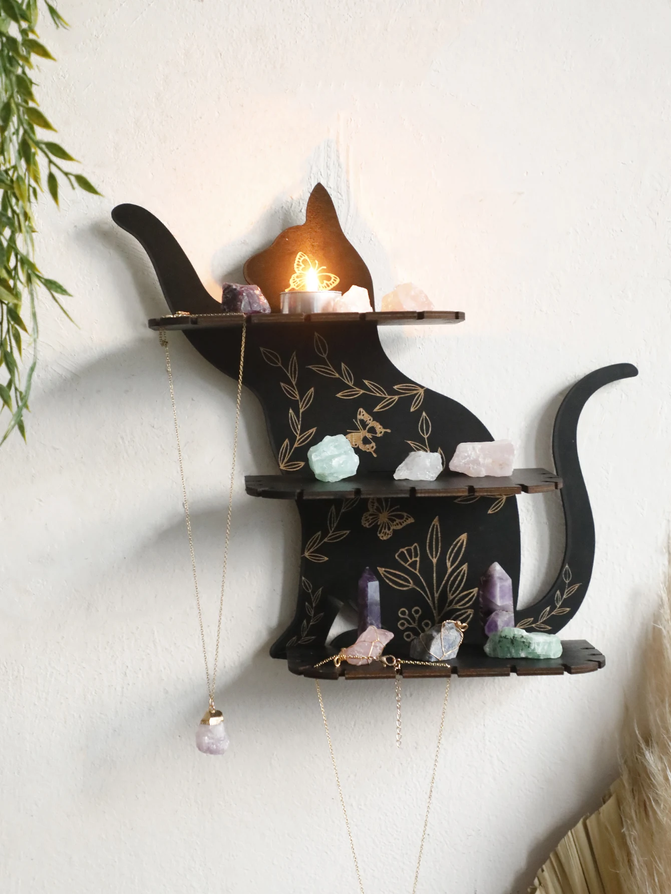 3-tier Black Cat Wall Shelves with Flower Pattern, Floating Wall Shelf, for Placing Crystals, Essential Oils Aromatherapy Stones