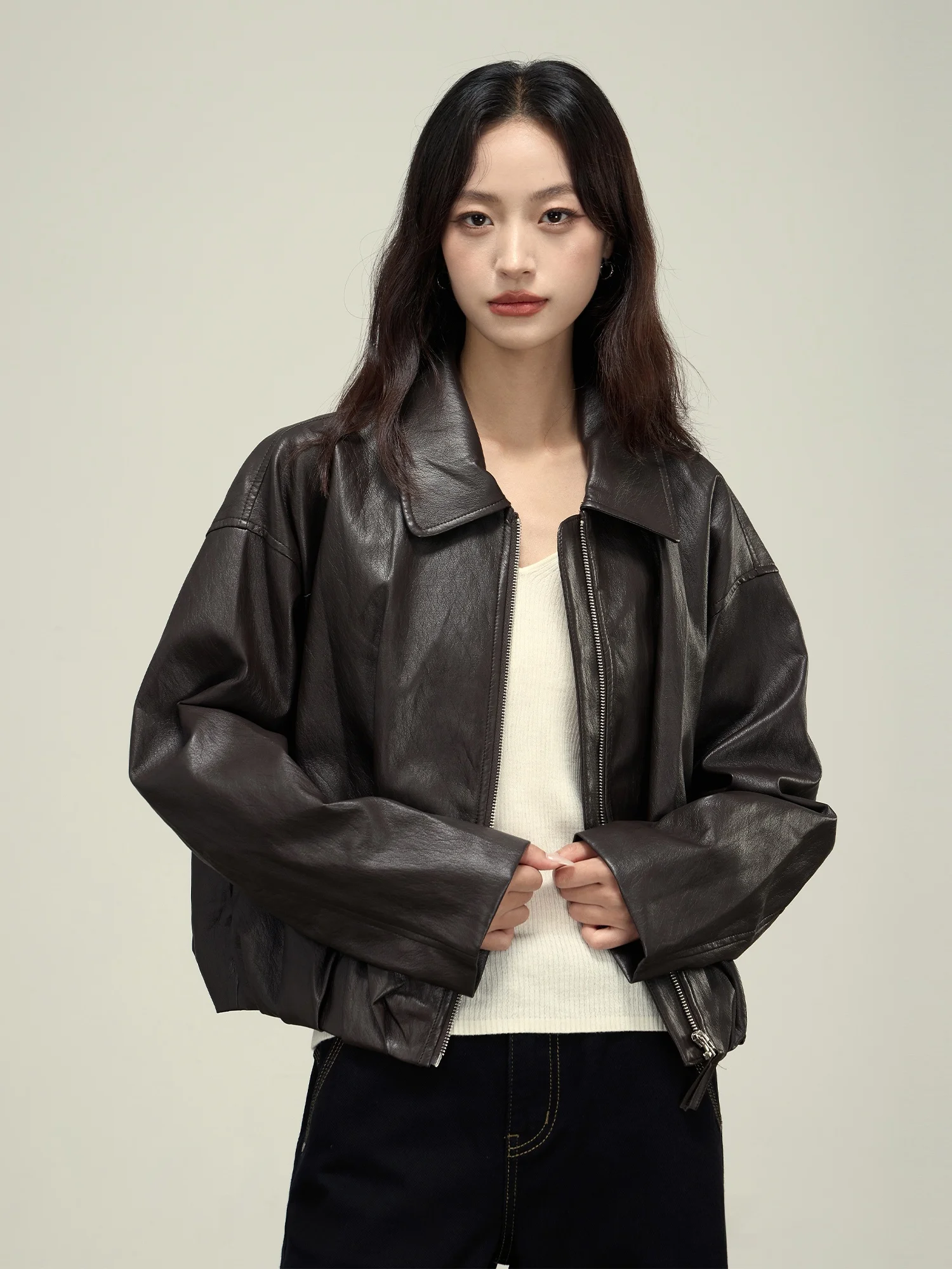 Jaqueta Corta-Vento Feminina Sli Cool de Couro Marrom Escuro com Gola Alta para Primavera e Outono – Tendência para o Dia a Dia, Manga Longa