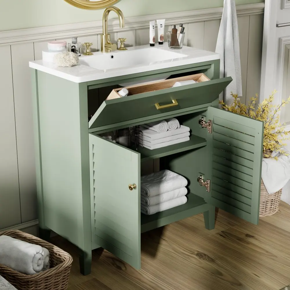 30 Inch Bathroom Vanity with Ceramic Sink Combination, Ample Storage - Features 1 Pullout and Multifunctional Shelf Dividers