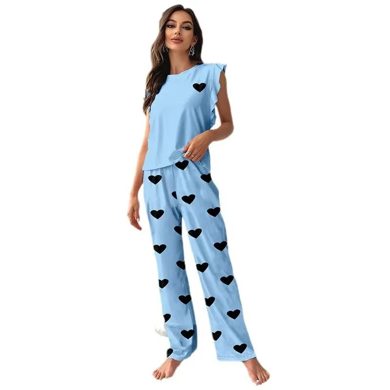 European and American Milk Silk New Xiaofei Sleeves Women's Loungewear Printing Solid Color Thin Pajama Set Can Be Worn Outside