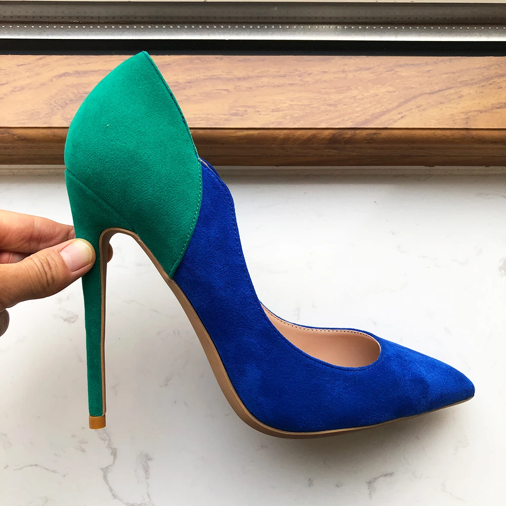 Tikicup Blue With Green Flock Women Elegant Pointy Toe High Heel Shoes Sexy Stiletto Pumps Party Dress Customizable 12/10/8cm