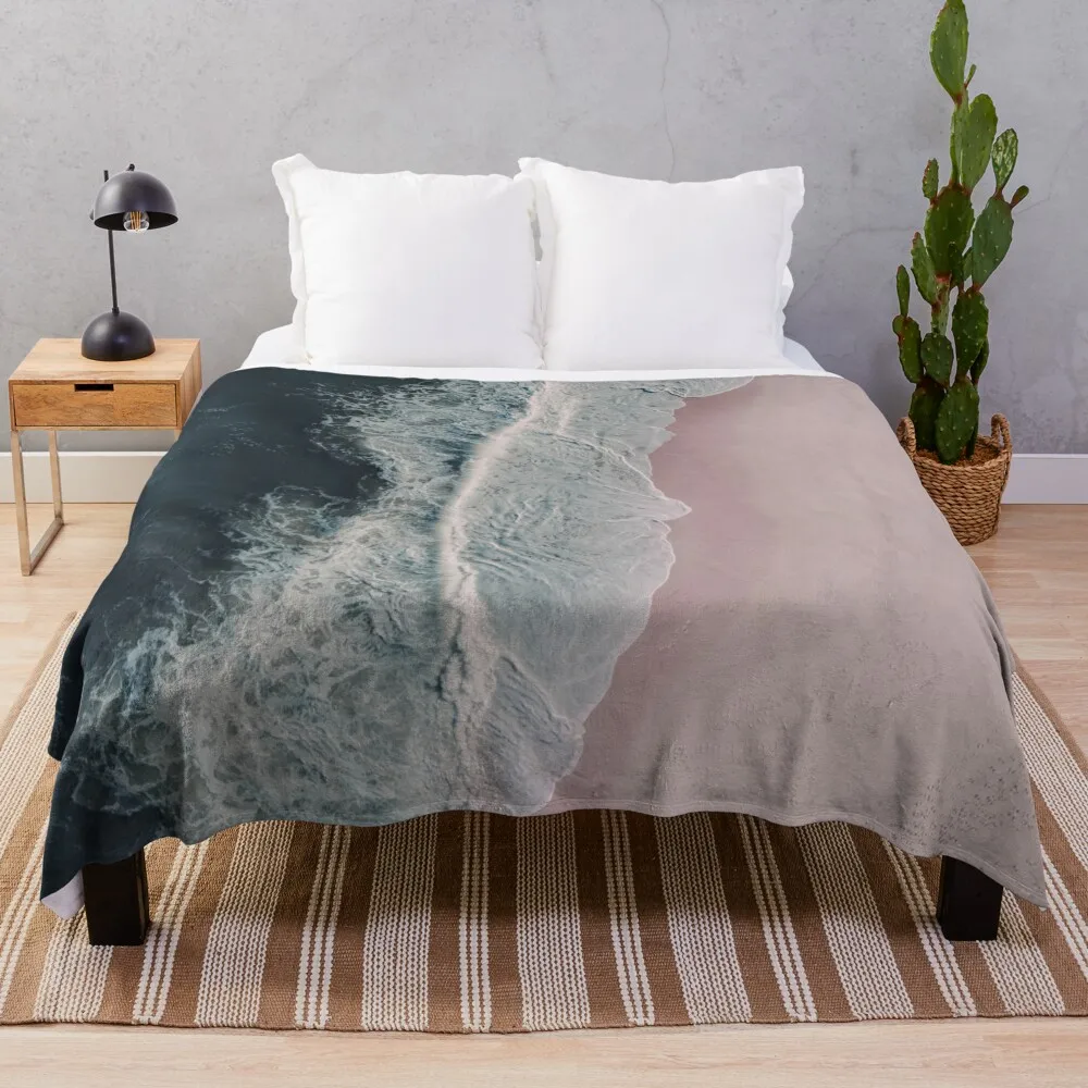 Aerial Ocean Beach Print, Pink Sand, Crashing Waves, Dark Blue Sea, Travel Photography Throw Blanket Bed linens Blankets