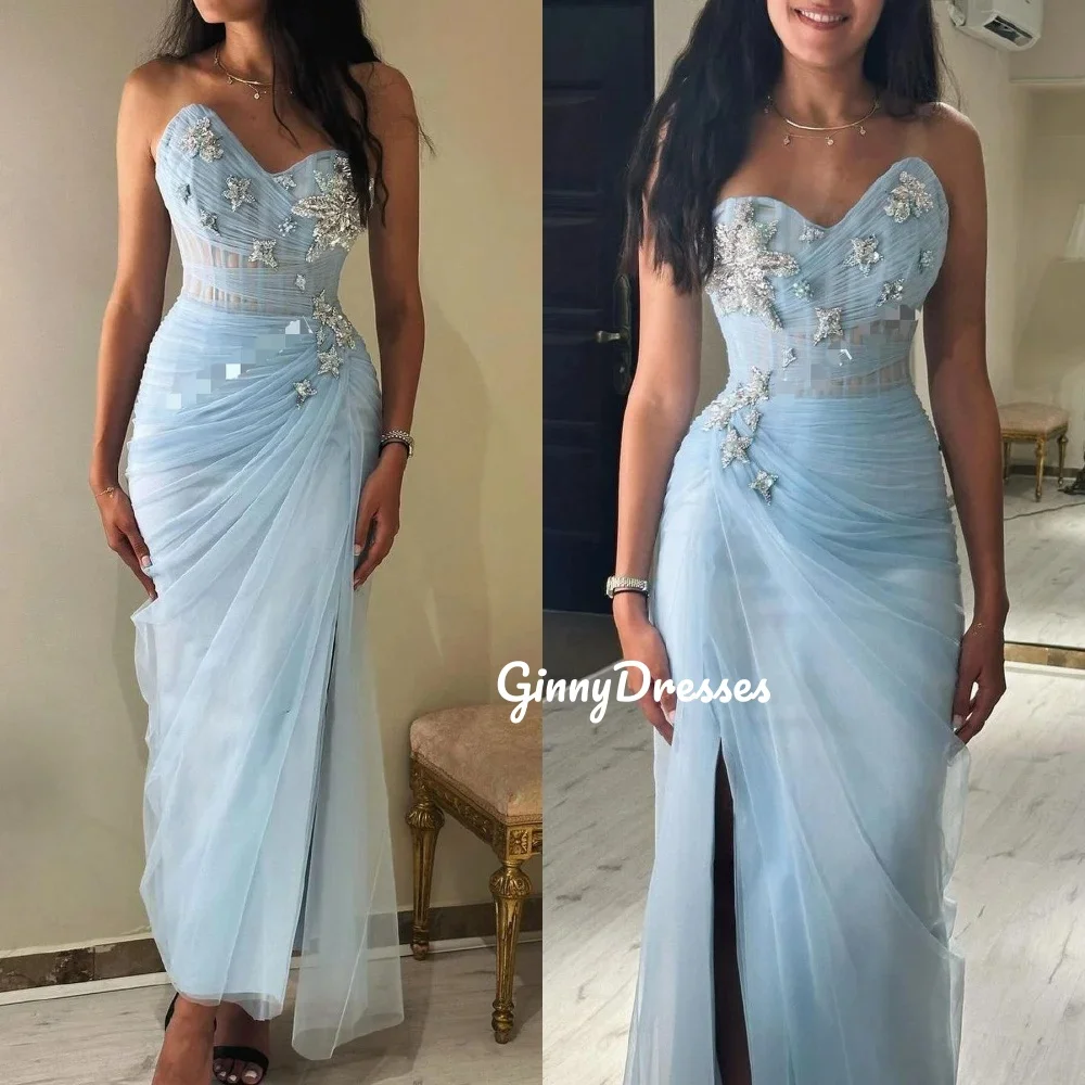 Customized Vestidos De Fiesta Dia A-Line Sweetheart Ankle-Length Evening Dress Ruffle Beadings Sleeveless Zipper Up Dresses