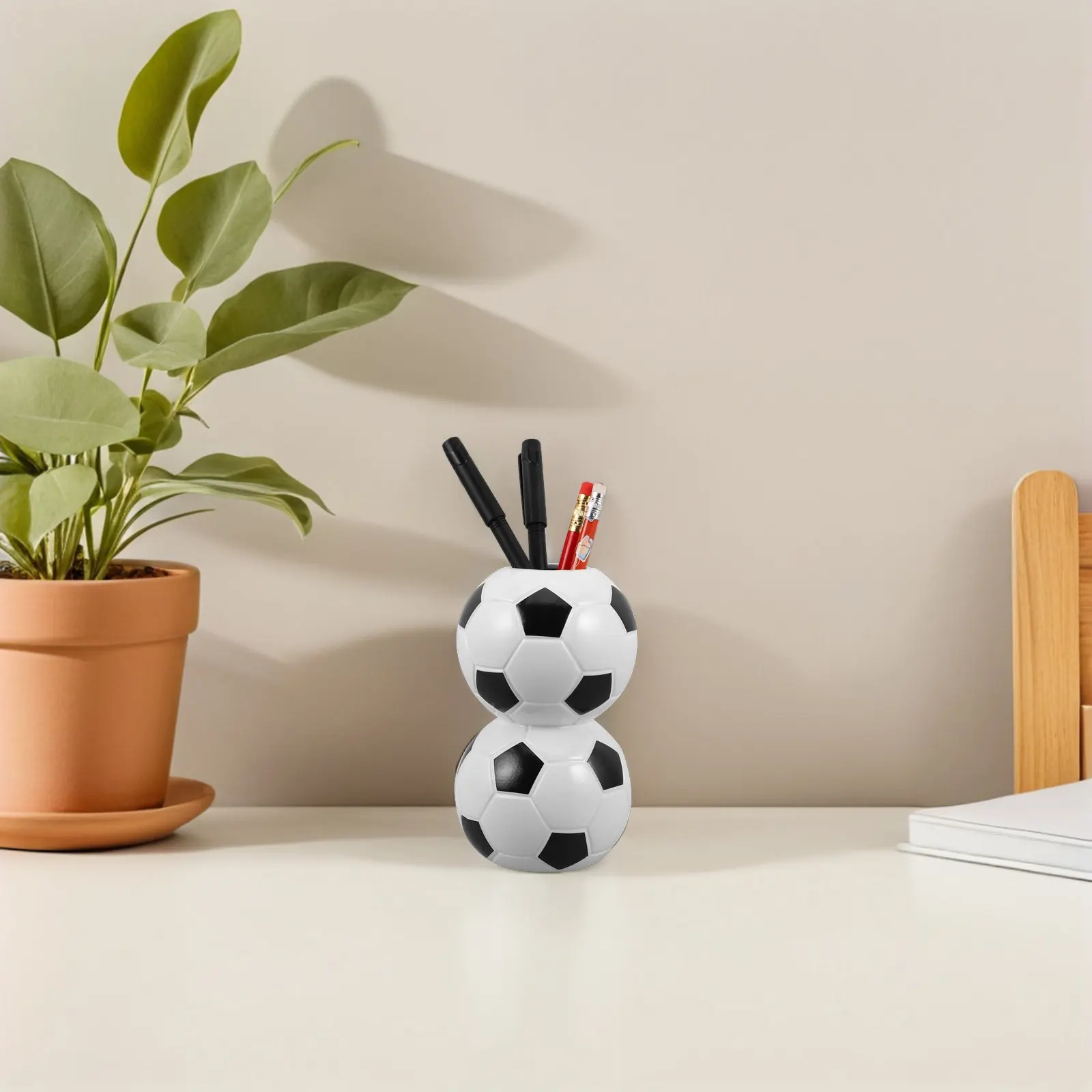Soccer Ball Pen Holder Ceramic Pencil Organizer Multifunctional Desk Decor Makeup Brush Holder Football Fan