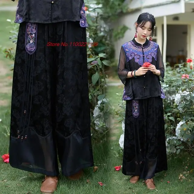 2025 chinese vintage flower embroidered pants traditional satin jacquard mesh trousers national elastic waist wide leg pants