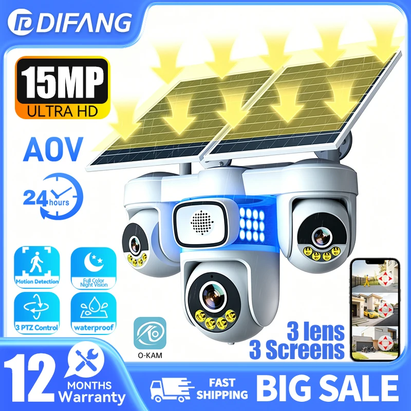 

No Wiring Needed!4G 15MP Three Screens Solar Security Camera 360° Remote Rotation Auto Tracking Color Night Vision IP66 6Motors