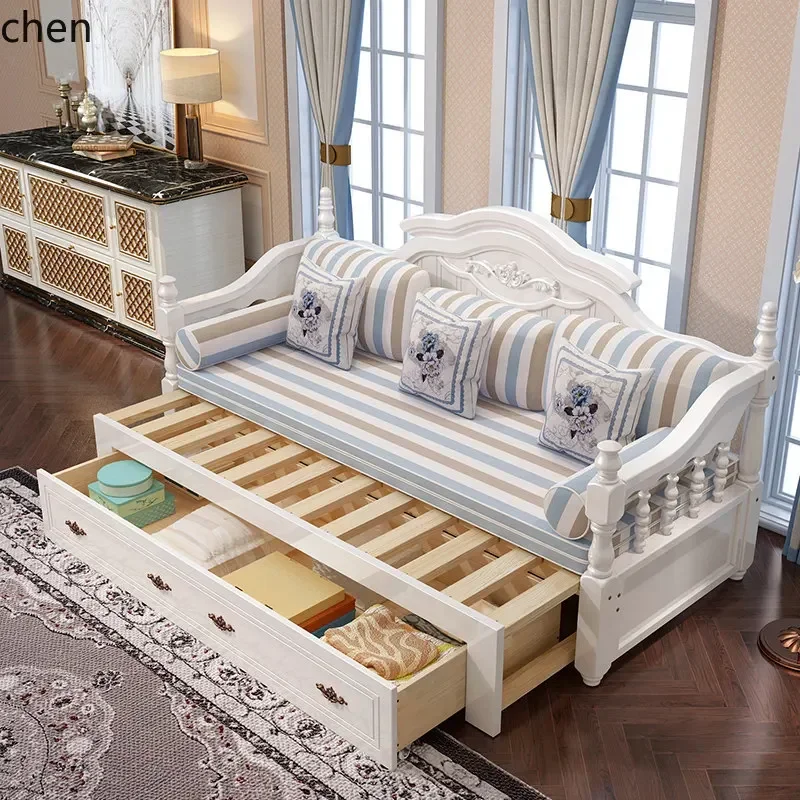 TQH7.3 Solid Wood Sofa Bed Pine Wood Push-Pull Folding  Storage Bed Living Room Multi-Functional Storage Extendable Bed