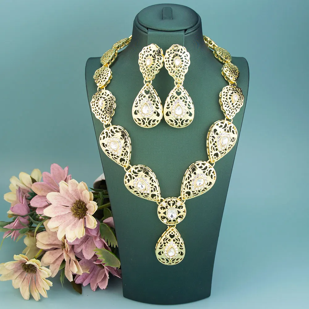 Sunspicems Chic Morocco Necklace Set Gold Plated Crystal Necklace/Earrings Arab Wedding Jewelry Set Middle East Bridal Jewellery