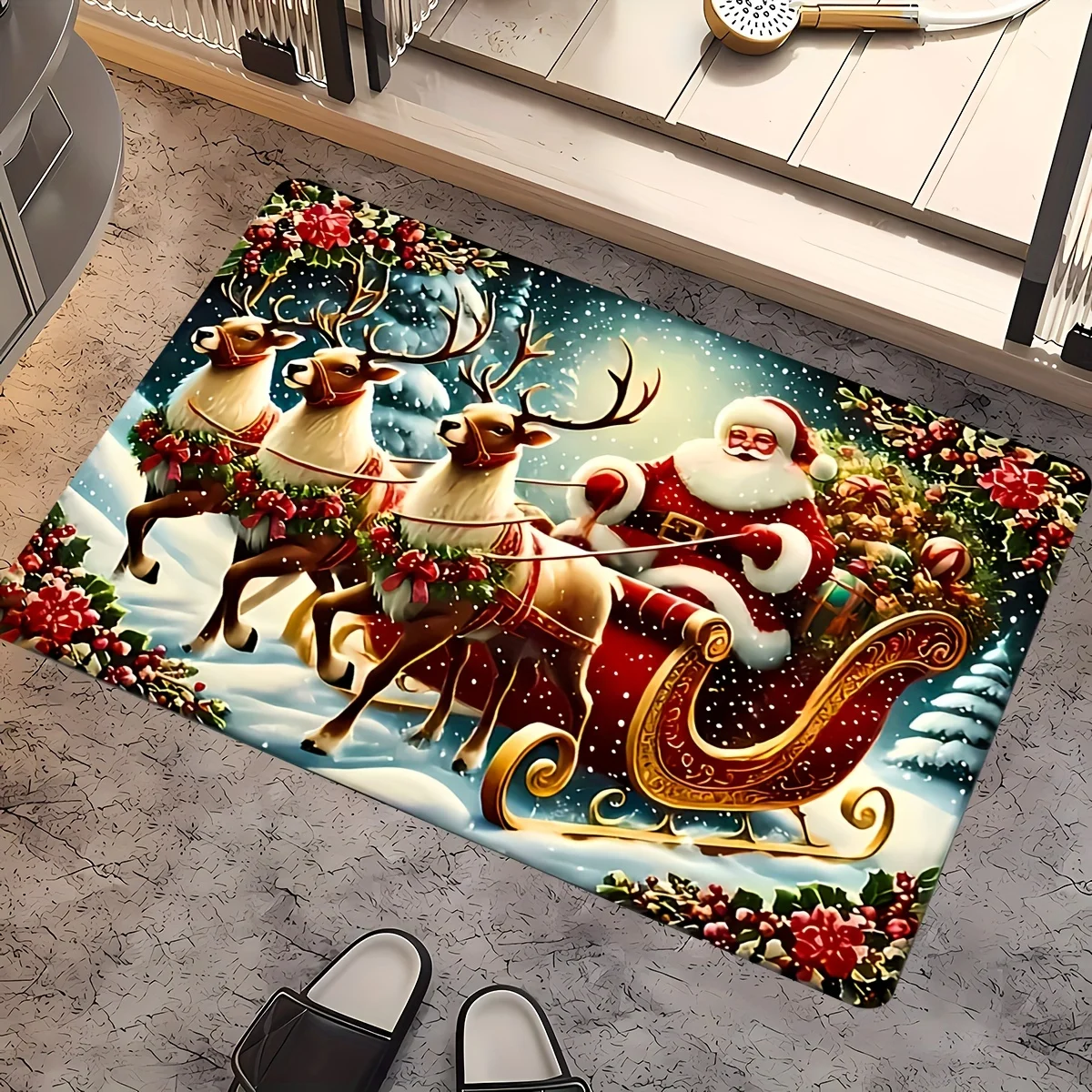 Vintage Christmas Santa Claus Reindeer Sleigh Doormat  Snowy Winter Holly Floral Print Decorative Holiday Indoor Entry Floor Mat