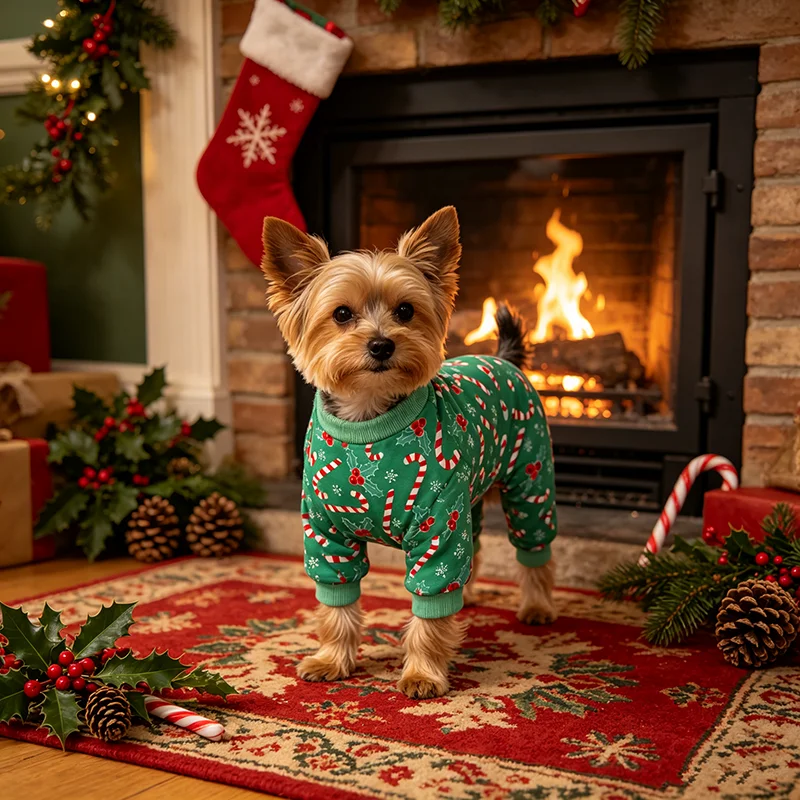 Weihnachtspyjama für Hunde, grüne Zuckerguss-Kleidung für kleine Hunde, Jungen und Mädchen, festliches Haustier-Outfit, Schlafanzug für Hunde, Haustier-Loungewear – Detail 3