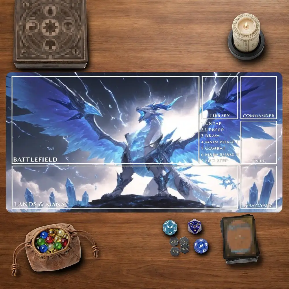 Crystal Ice Thunder White Dragon TCG Playmat 35X60CM Magic Card Battle Mat Non‑Slip Durable Stitched Edge Tabletop Playmat